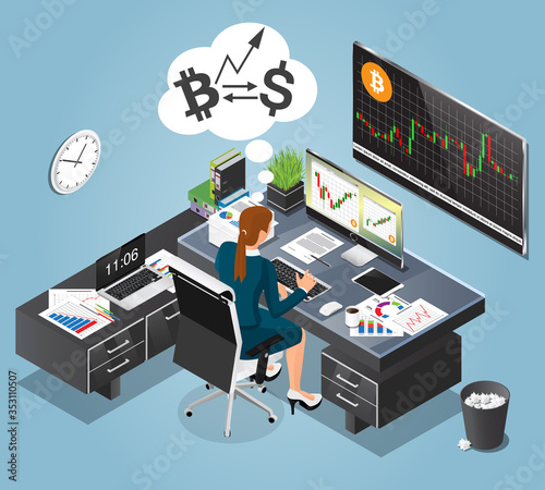 Vector isometric trader concept. Bussineswoman trades currencies. Bitroin growth