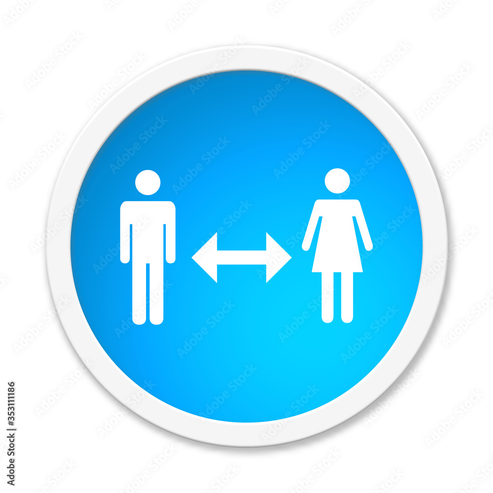 Runder blauer Button zeigt: Bitte Abstand halten - Pfeil zwischen 2 Personen Runder blauer Button zeigt: Bitte Abstand halten - Pfeil zwischen 2 Personen