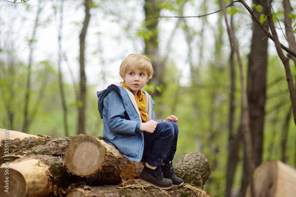 Preschooler child walking in forest after rain. Kid playing and having fun in spring or summer day. Preschooler child walking in forest after rain. Kid playing and having fun in spring or summer day.