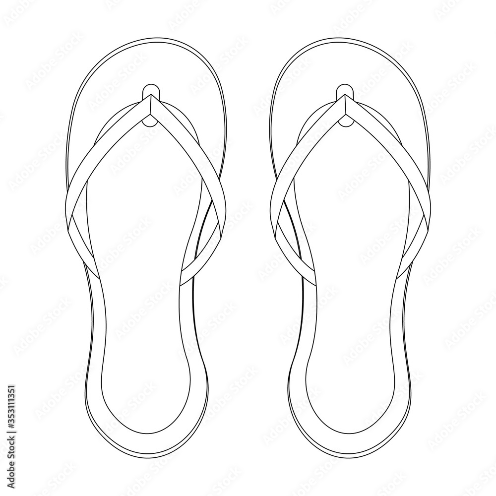 Beach slippers or flip flops icon isolated on white background. Coloring book. Outline Beach slippers or flip flops icon isolated on white background. Coloring book. Outline