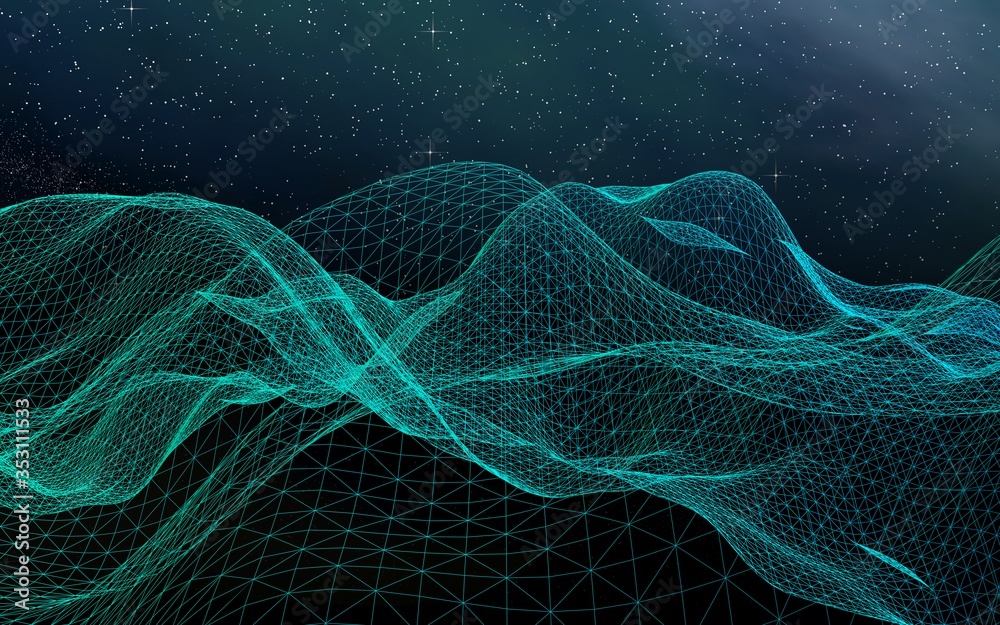 Abstract landscape on a dark background. Cyberspace grid. hi tech network. Outer space. Starry outer space texture. 3D illustration Abstract landscape on a dark background. Cyberspace grid. hi tech network. Outer space. Starry outer space texture. 3D illustration