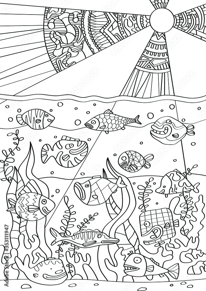Underwater life coloring book for children and adults. Hand drawn ...