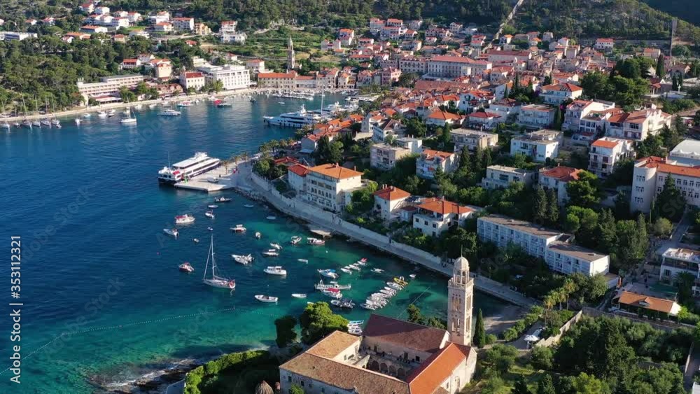 Croatia. Aerial view at the town. Vacation and adventure. Town and sea. Top view from drone at on the houses and blue sea. Travel - video
