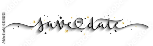 SAVE THE DATE black and gold vector brush calligraphy banner with stars