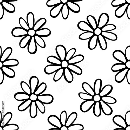 Black contour daisy flowers isolated on white background. Childish cute seamless pattern. Hand drawn vector graphic illustration. Texture.