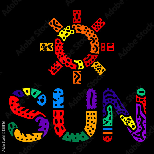 Sun. Multicolored bright contrast isolate colored curves doodle letters and logo. Summery sun for design element, t-shirt, web, booklet, banner, flyer, print on clothing. Stock vector picture.