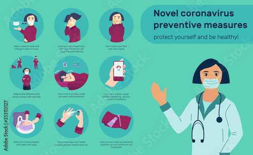Novel coronavirus prevention measures poster or banner with doctor showing medical recommendations how to protect yourself from covid.Female character use cautions. Flat or cartoon vector illustration
