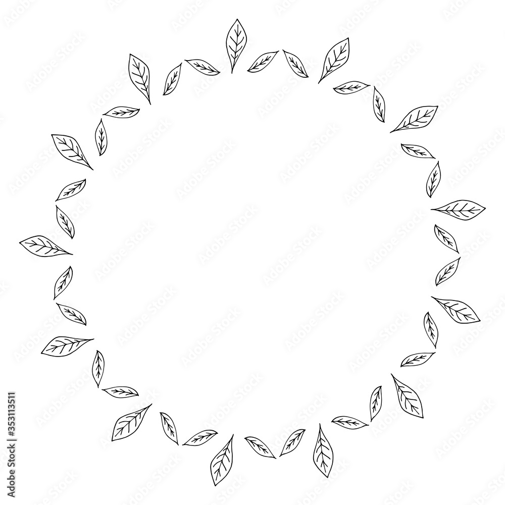 Fototapeta premium Round frame with leaves on white background. Vector image.