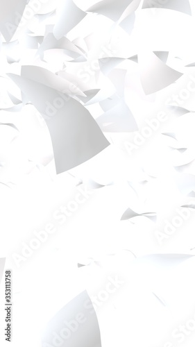 Flying sheets of paper isolated on white background. Abstract money is flying in the air. Vertical orientation. 3D illustration