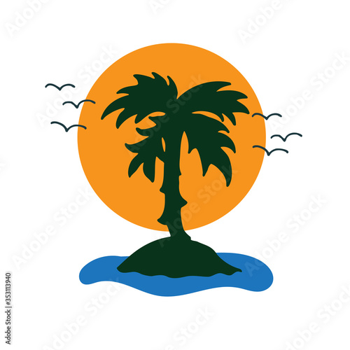 Uninhabited island with palm tree. Hand drawn illustration in Doodle style. Vector illustration