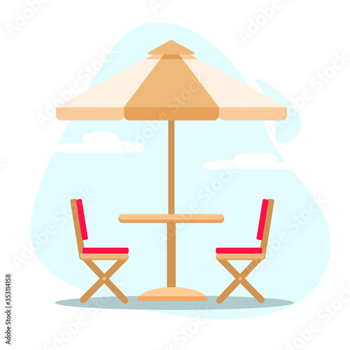 Summer outdoor cafe with table, umbrella, chairs isolated on blue sky background. Colorful vector illustration in flat style