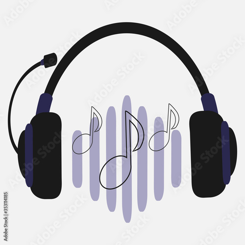 Audio headphone icon. Headphones with adjustable headband and musical notes. Stereo sound volume icon.