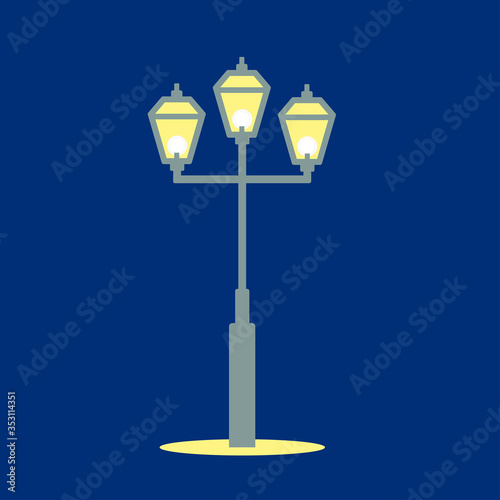 Vector flat illustration of park street lights isolated on blue background. Lamp post illumination. Street road light pole for web design, card, banner, pattern