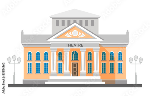 Vector flat illustration exterior of theatre building with title and columns isolated on white background. City traditional architecture public government building. World heritage construction