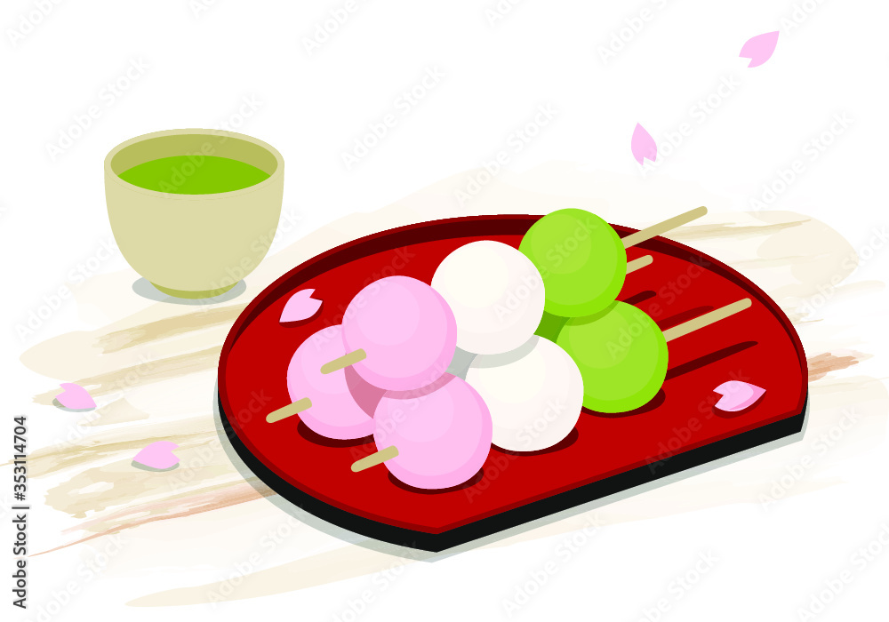 Japanese dessert sweets, Hanami Dango - sweet dumplings with three different colours, usually served during spring season and cherry blossoms viewing. Japanese dessert sweets, Hanami Dango - sweet dumplings with three different colours, usually served during spring season and cherry blossoms viewing.