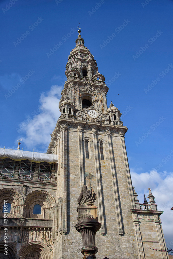 Tower of the facade of the Cathedral of Santiago, in Santiago de Compostela, La Coruña, Galica, Spain, Europe.