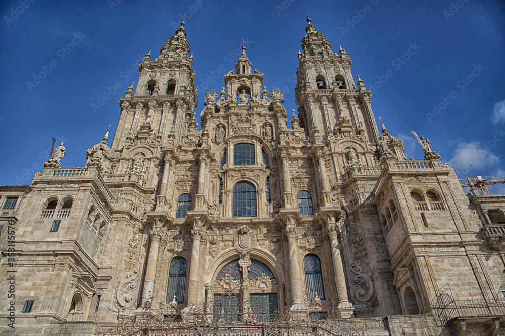 Facade of the Cathedral of Santiago, in Santiago de Compostela, La Coruña, Galica, Spain, Europe.