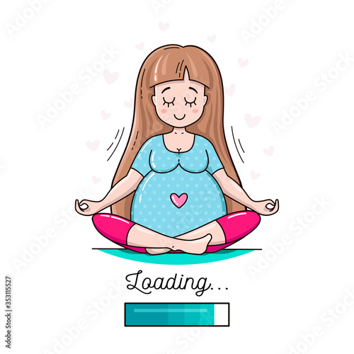 Cute Pregnant Meditating Woman. Waiting for baby vector illustration. Happy beautiful mother to be. Pregnancy card.
