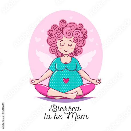 Cute Pregnant Meditating Woman. Waiting for baby vector illustration. Happy beautiful mother to be. Pregnancy card.