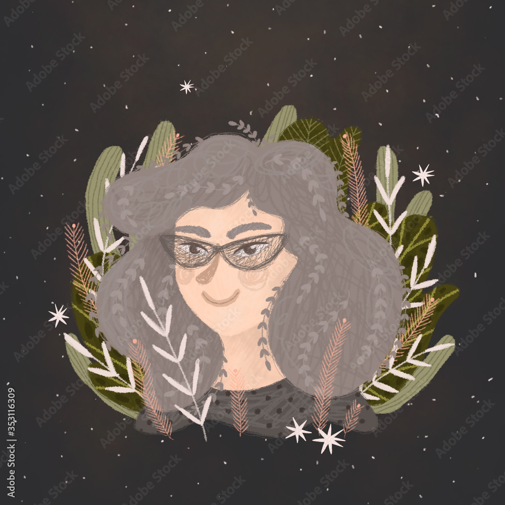 Fototapeta premium female portrait and wild plants. print poster. interior poster. avatar social networks