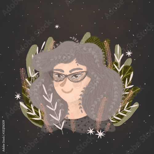 female portrait and wild plants. print poster. interior poster. avatar social networks