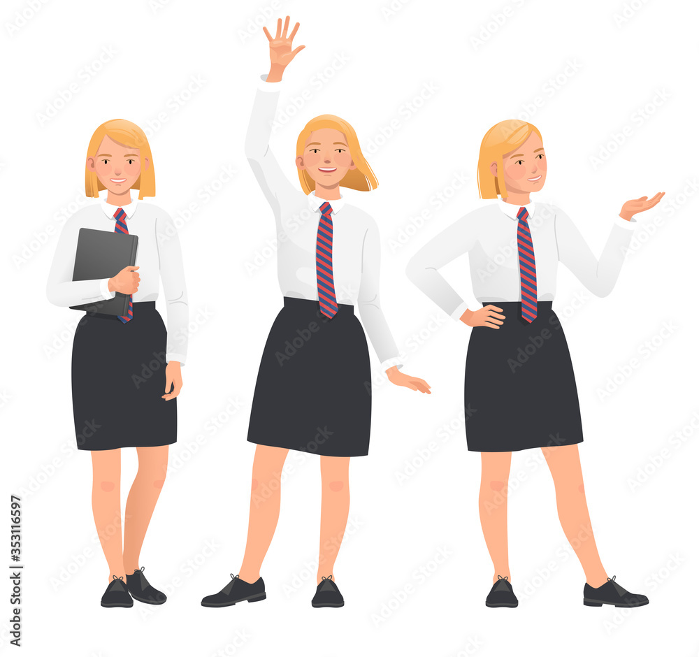 Student, pupil, high school girl in uniform. Poses Set on white background. Flat vector illustration