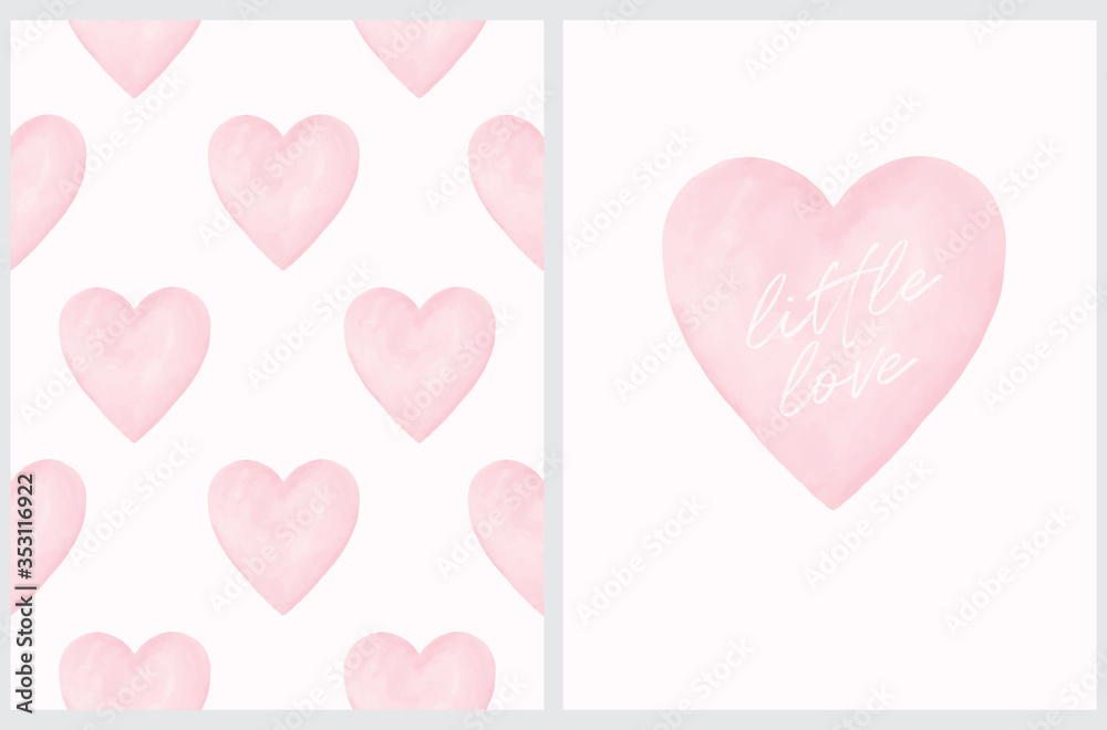 Sweet Vector Illustration with Big Pastel Pink Heart Isolated on Light Pink Background. Lovely Romantic Print for Card, Wall Art, Poster. Watercolor Style Simple Valentine's Day Card and Pattern.