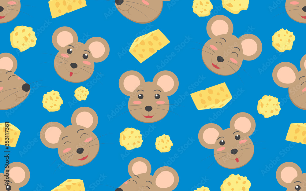 Seamless pattern of cute cartoon face rat with cheese on blue background - Vector illustration Seamless pattern of cute cartoon face rat with cheese on blue background - Vector illustration