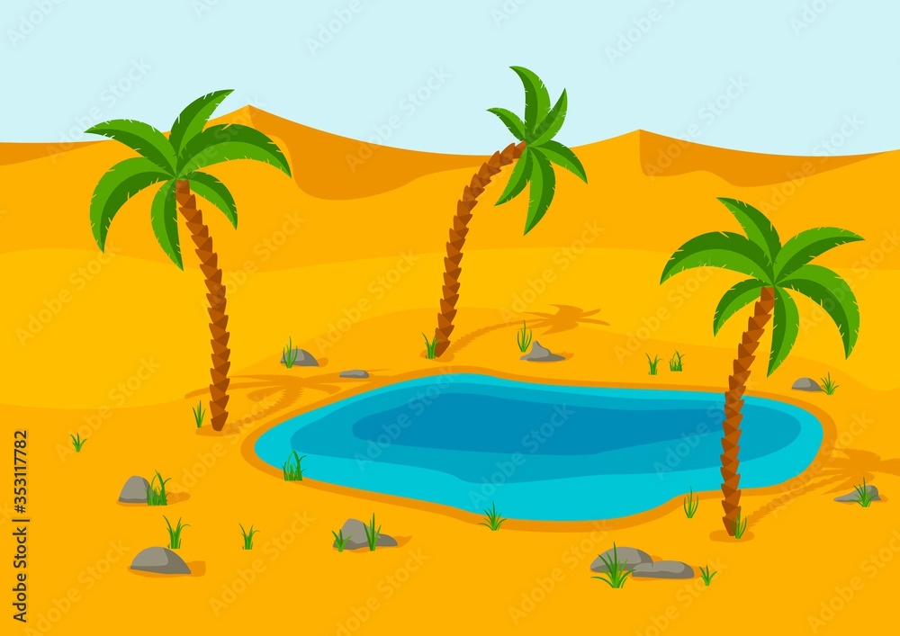 Oasis, Lake and palms in the desert. Sand dunes desert landscape. Beautiful nature scenery. Vector illustration Oasis, Lake and palms in the desert. Sand dunes desert landscape. Beautiful nature scenery. Vector illustration