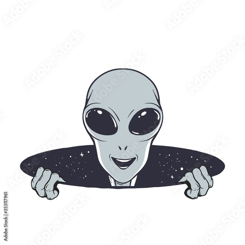 Happy alien peeps out from the hole of space