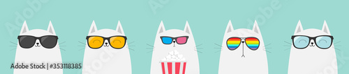 White cat set. Eating popcorn. Cinema theater. Cute cartoon funny character. Film show. Kitten watching movie in 3D glasses, sunglasses, rainbow glass. Blue background. Isolated. Flat design.