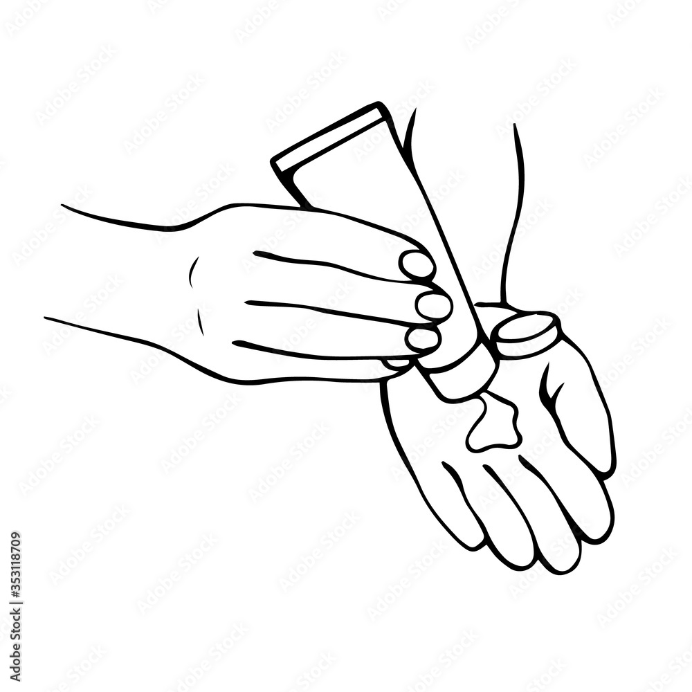 Disinfection of hands.Hand-drawn vector illustration . alcohol gel bottle for cleaning and disinfection. Hand press disinfectant. Vector illustration Disinfection of hands.Hand-drawn vector illustration . alcohol gel bottle for cleaning and disinfection. Hand press disinfectant. Vector illustration