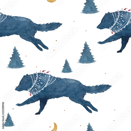 Seamless pattern with watercolor Scandinavian elements.  Wolf, dog, husky, shepherd, dogskin, Eskimo dog, forest house, wild berries, branches, crescent, deer, national ornament, snow, winter, wind, w photo