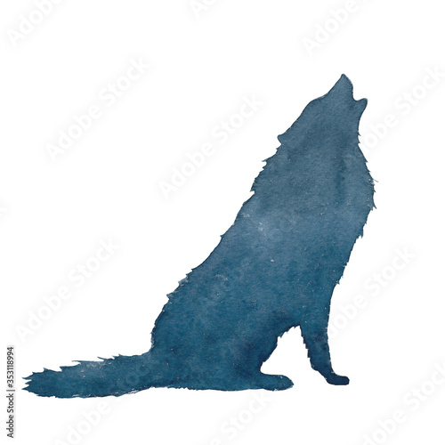 Watercolor silhouette of a wolf, a dog, running and howling to the moon. Realism, hand drawing, realism, silhouette.