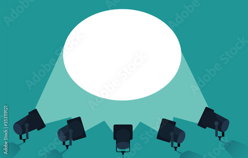 flat Spotlights with bright white light shining stage vector set. Illuminated effect form projector, illustration of projector for studio illumination eps 10
