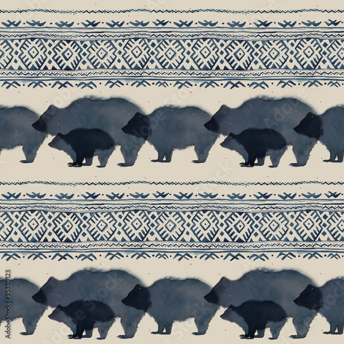 Seamless pattern with watercolor realistic bear silhouette and national ornament in blue colors