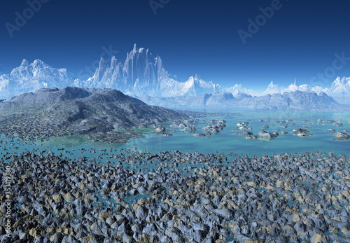 3D Rendered Fantasy Winter Mountain Landscape - 3D Illustration