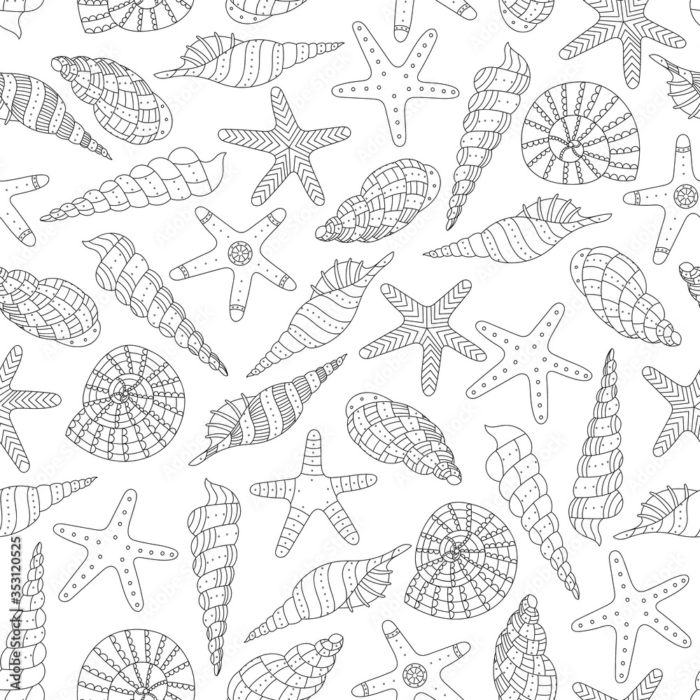Vector seamless pattern with shells and sea stars in an ethnic style. Marine background. Can be used in textiles, as wrapping paper, wallpaper, etc. Vector seamless pattern with shells and sea stars in an ethnic style. Marine background. Can be used in textiles, as wrapping paper, wallpaper, etc.
