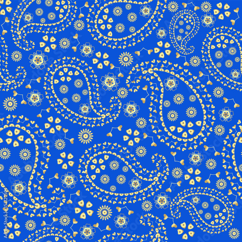 Romantic blue background with golden paisley.