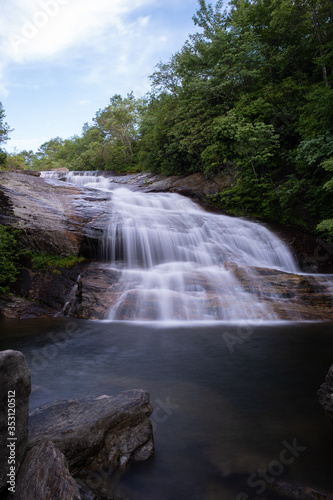 The cascades of the Lower Falls in Graveyard Fields  a very popular waterfall and hiking destination near Asheville  North Carolina in the Blue Ridge Mountains off the Blue Ridge Parkway.