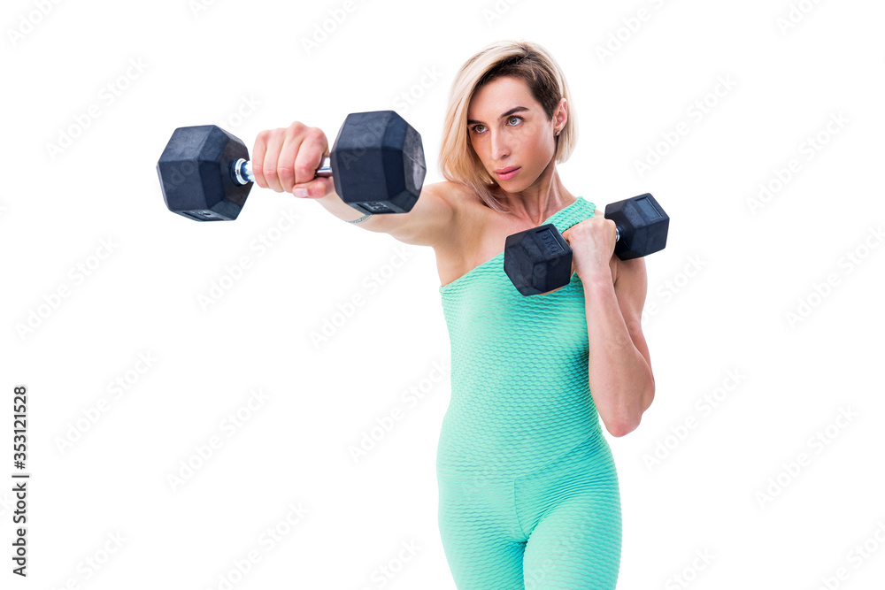 Strong woman punching with barbells in hands during boxing class on white background. One girl working out in studio shot. Strong woman punching with barbells in hands during boxing class on white background. One girl working out in studio shot.
