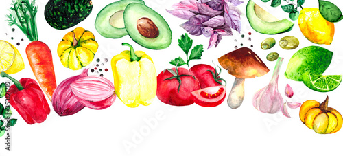 Fototapeta Naklejka Na Ścianę i Meble -  Collection of fresh fruits and vegetables on a white background with space for text. Watercolor. Tomatoes, peppers, avocado, Basil, lime, lemon, onion, garlic, carrots, pumpkin, mushroom, olives.
