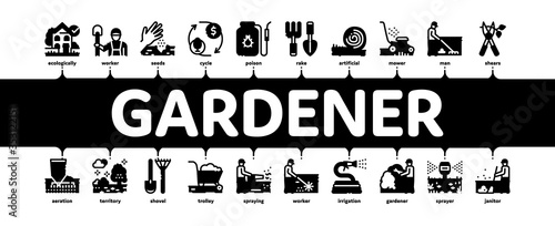 Gardener Worker Instrument Minimal Infographic Web Banner Vector. Gardener Shovel And Rake, lawn mower and Watering Hose, Pruner And Trolley Farmer Tool Illustration
