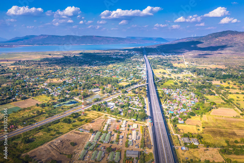 Aerial view from drone of road, Mittraphap road, Nakhon Ratchasima, Thailand photo