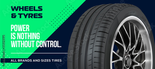 Car wheel. Passenger car, light truck. Tire store coupon, discount. Car service and maintenance coupon, tire repair, wheel swap replacement, car diagnostics. Advertising banner. Black rubber tyre.