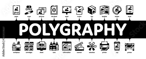 Polygraphy Printing Service Minimal Infographic Web Banner Vector. Polygraphy And Scanner Equipment And ink, Paper List With Picture And Cup Illustration