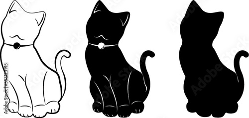 Cute sitting cats concept design. Black and white outline and silhouette of cat. Vector illustration.