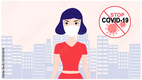 Stop covid-19  woman wearing face mask to protect from COVID-19 coronavirus disease outbreak vector illustratrion