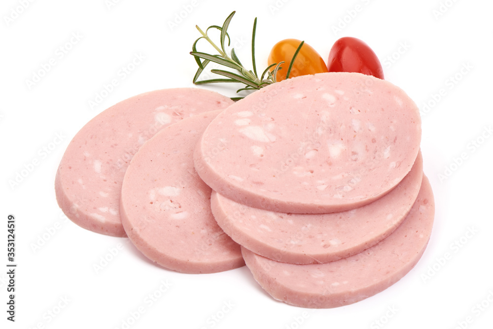 Boiled Bologna Sausage, Cooked ham, isolated on white background Boiled Bologna Sausage, Cooked ham, isolated on white background