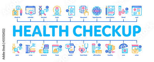 Health Checkup Medical Minimal Infographic Web Banner Vector. Healthcare Checkup List And Calendar Date, Fitness Tracker And Analysis Container Illustration